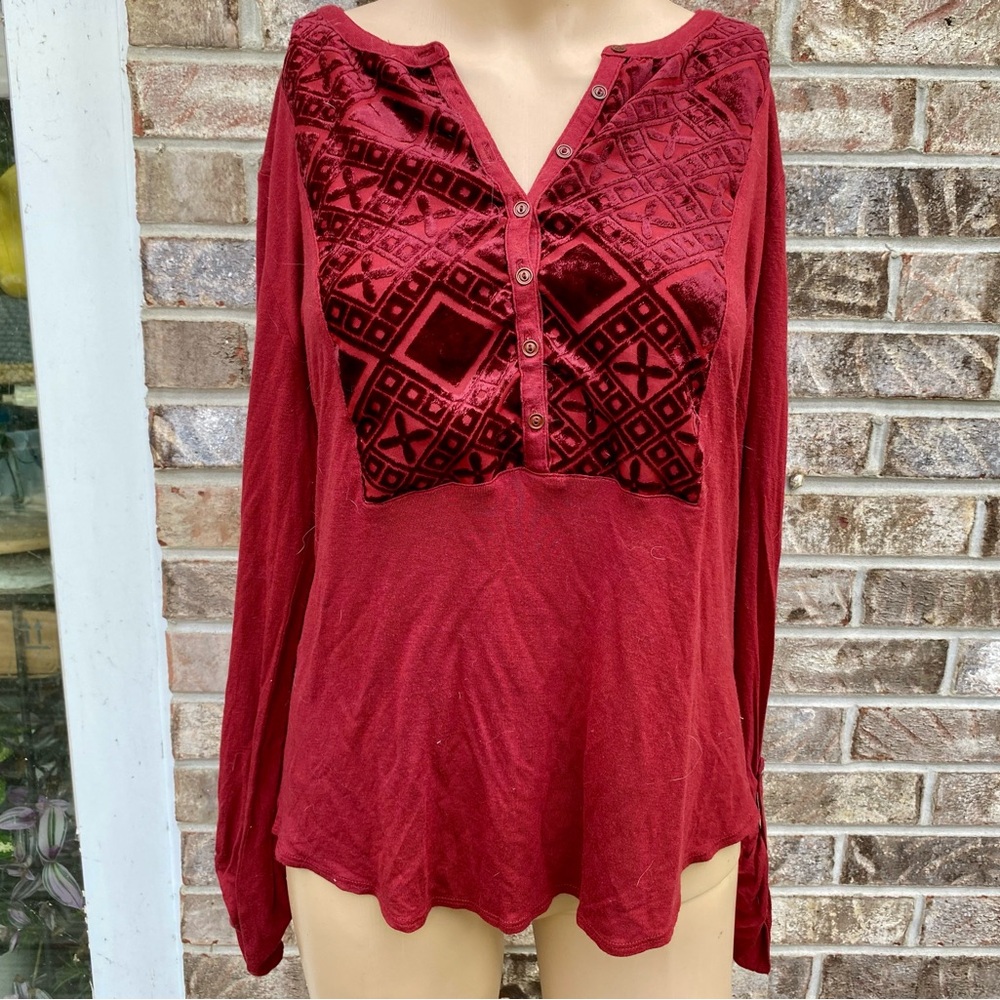 Red/Burgundy Velvet Lucky Brand Long Sleeve Blouse